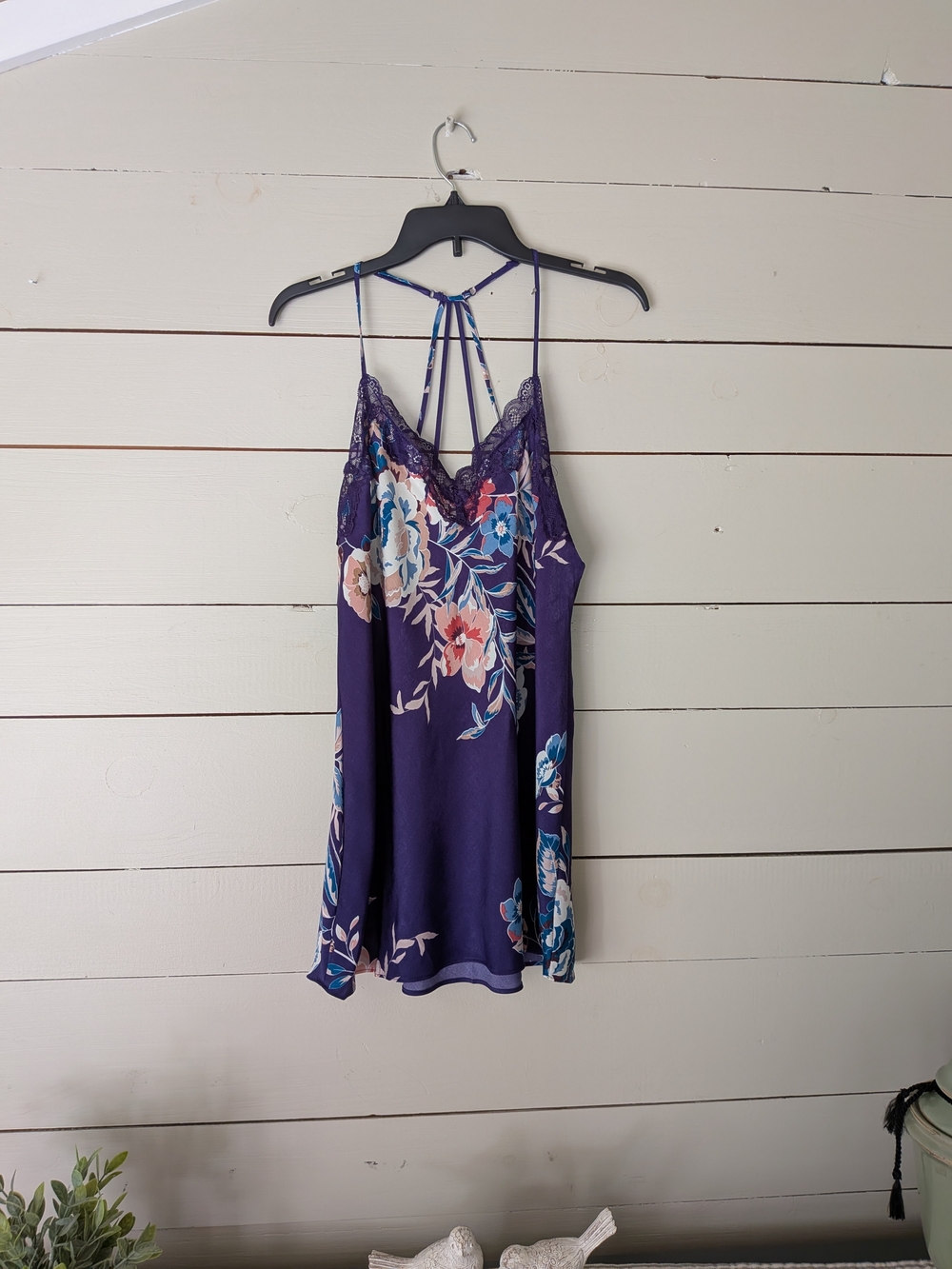 Satin Floral Lace-Trim Purple Strappy Mini Dress